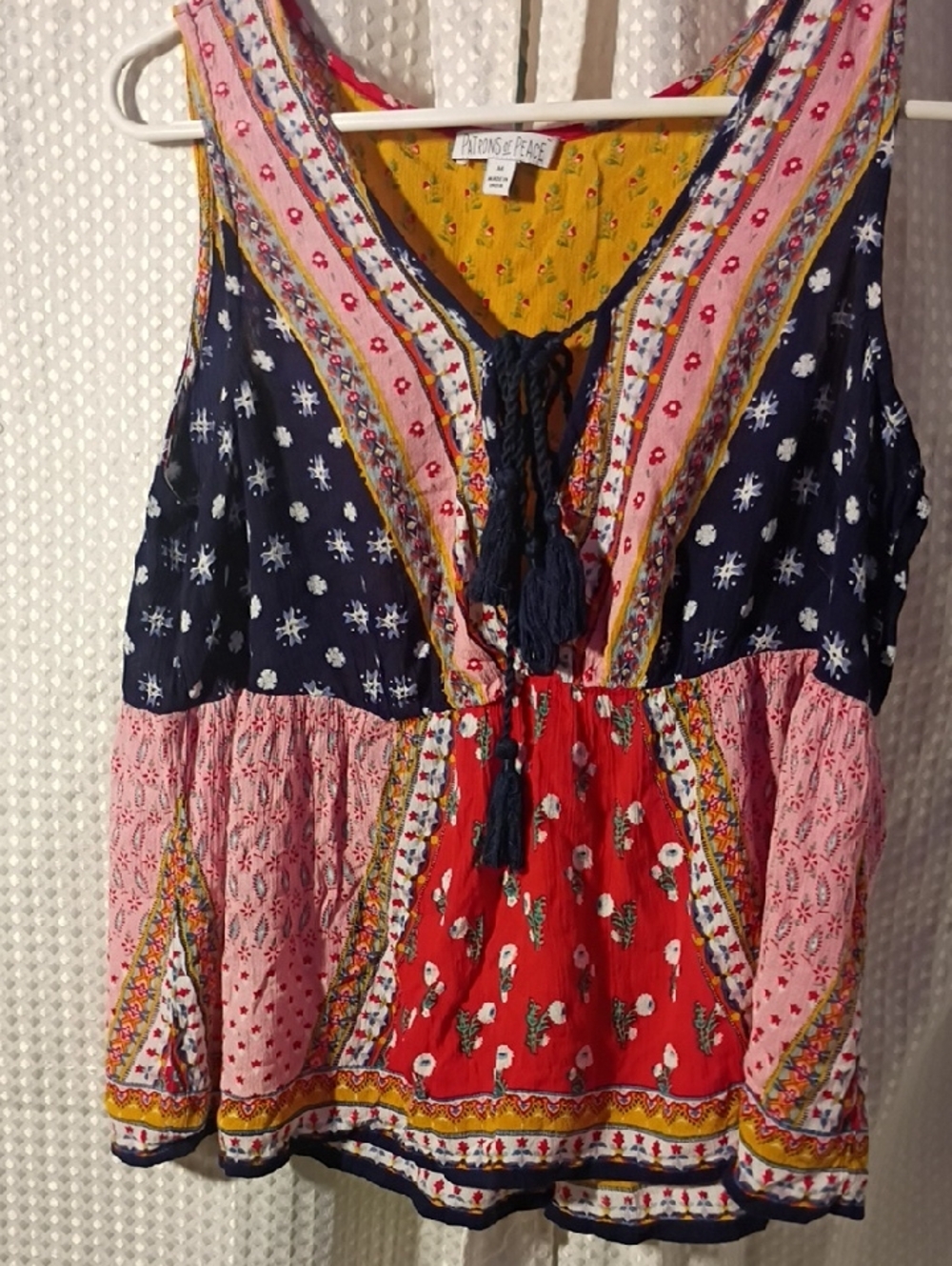 Patrons of Peace Navy, Red, Pink & Mustard Boho Tie-Front Camisole